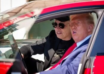 O presidente dos EUA, Donald Trump, e o CEO da Tesla e da SpaceX, Elon Musk, se sentam em um Tesla Model S no gramado sul da Casa Branca em 11 de março de 2025, em Washington, DC.