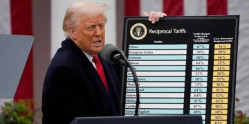 Donald Trump segura um quadro que exibe o que chama de tarifas desproporcionais cobradas por parceiros comerciais dos EUA (Foto: Kent Nishimura/Bloomberg)