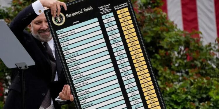 Howard Lutnick, secretário do Comércio dos EUA, segura quadro com parte dos países afetados pelas tarifas recíprocas dos EUA (Foto: Kent Nishimura/Bloomberg)